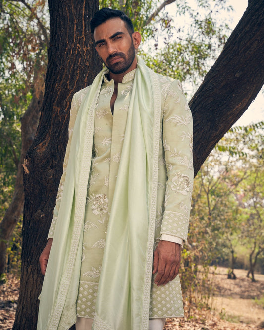 FLORAL SHERWANI SET - White Maison de Couture