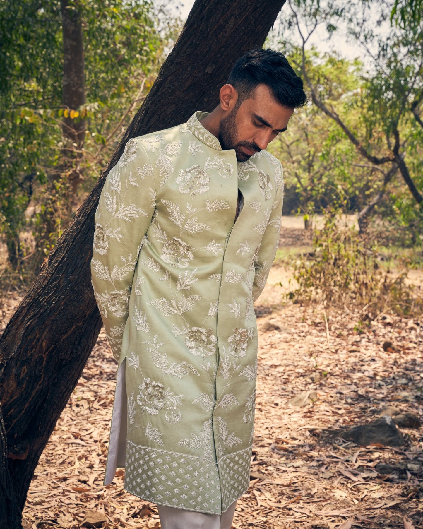 FLORAL SHERWANI SET - White Maison de Couture