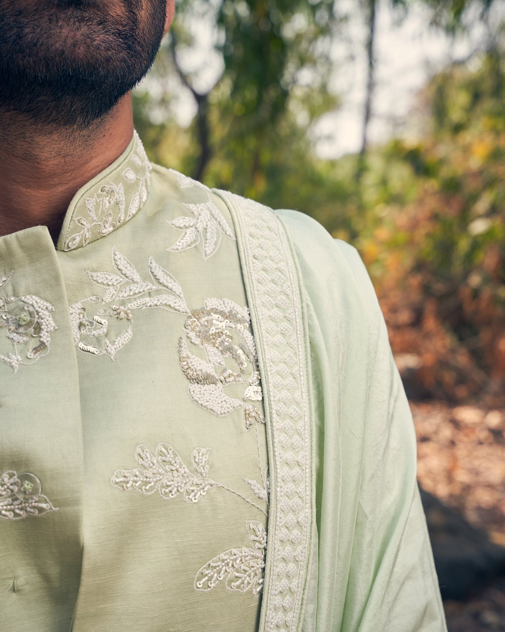 FLORAL SHERWANI SET - White Maison de Couture