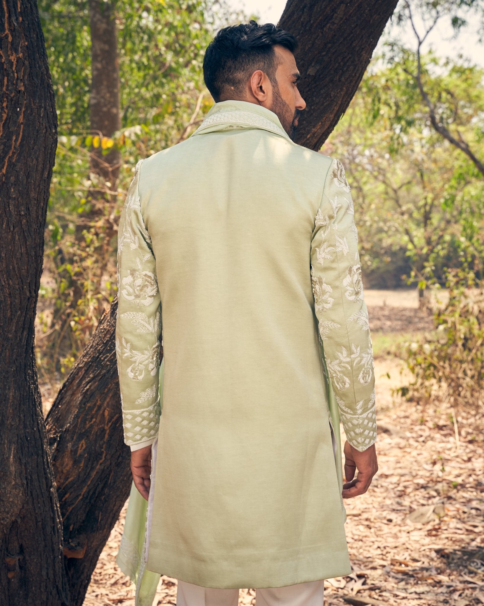 FLORAL SHERWANI SET - White Maison de Couture
