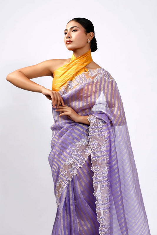 FLORAL THREADWORK TISSUE SAREE - White Maison de Couture