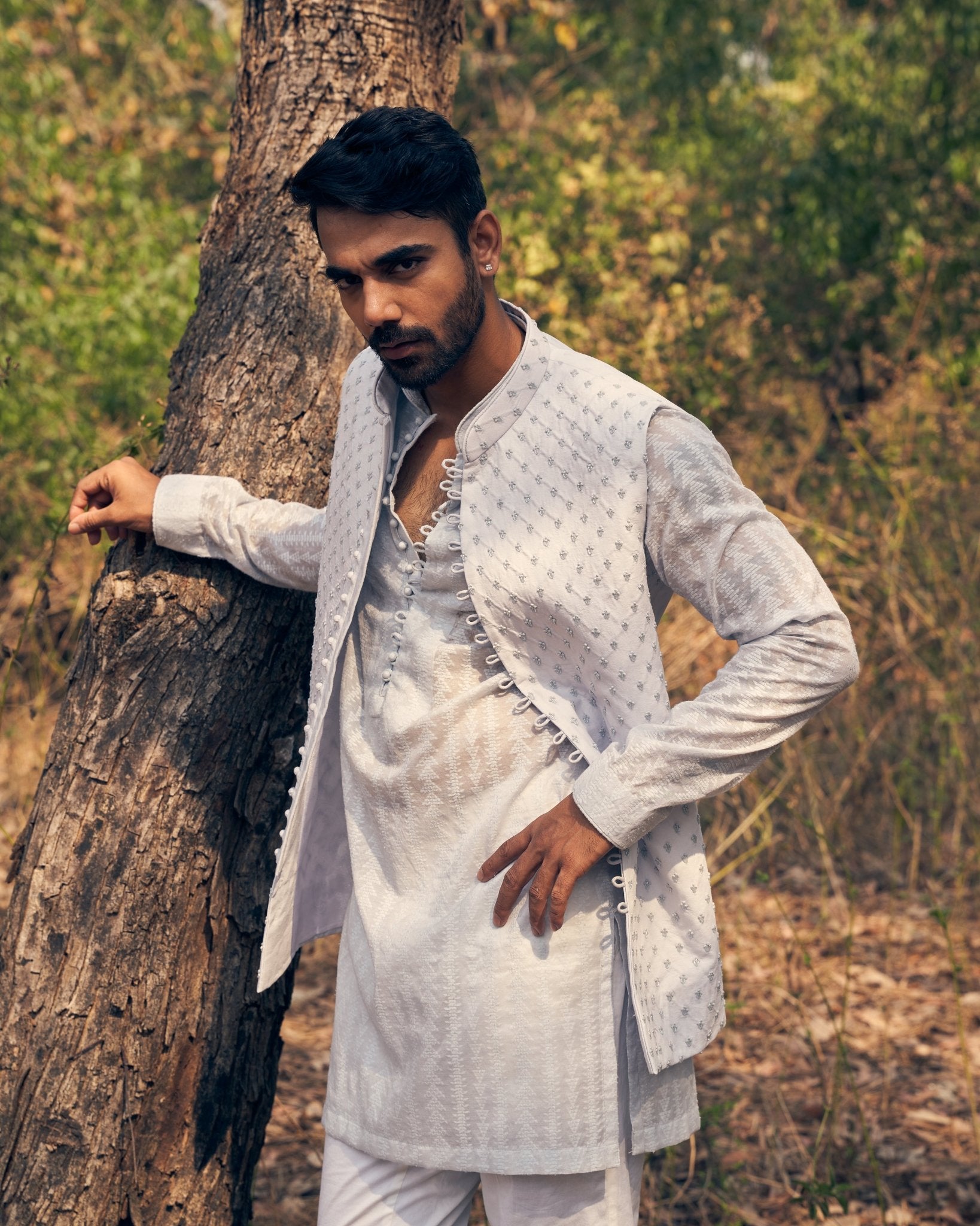 FRENCH KNOT KURTA BANDI SET - White Maison de Couture