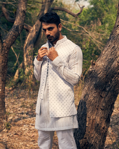 FRENCH KNOT KURTA BANDI SET - White Maison de Couture