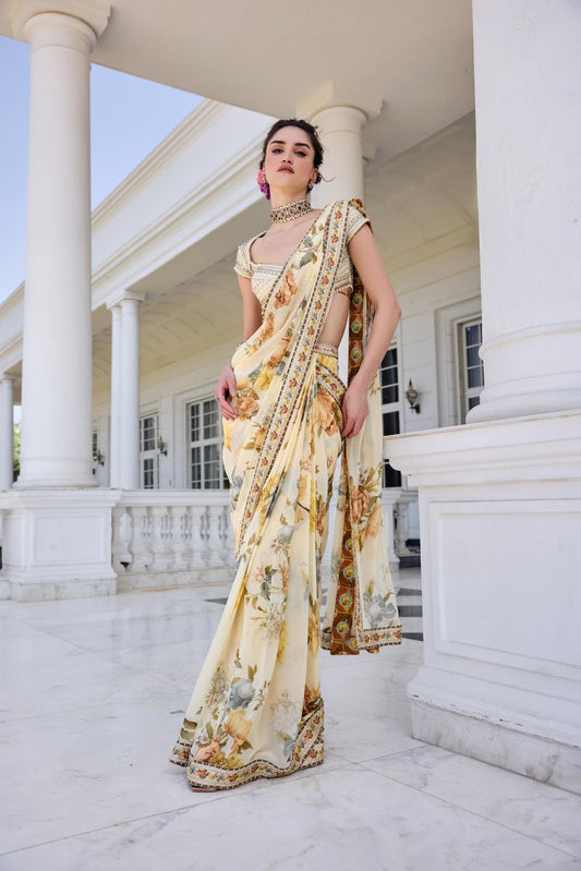 FRIDA DRAPED SAREE SET - White Maison de Couture