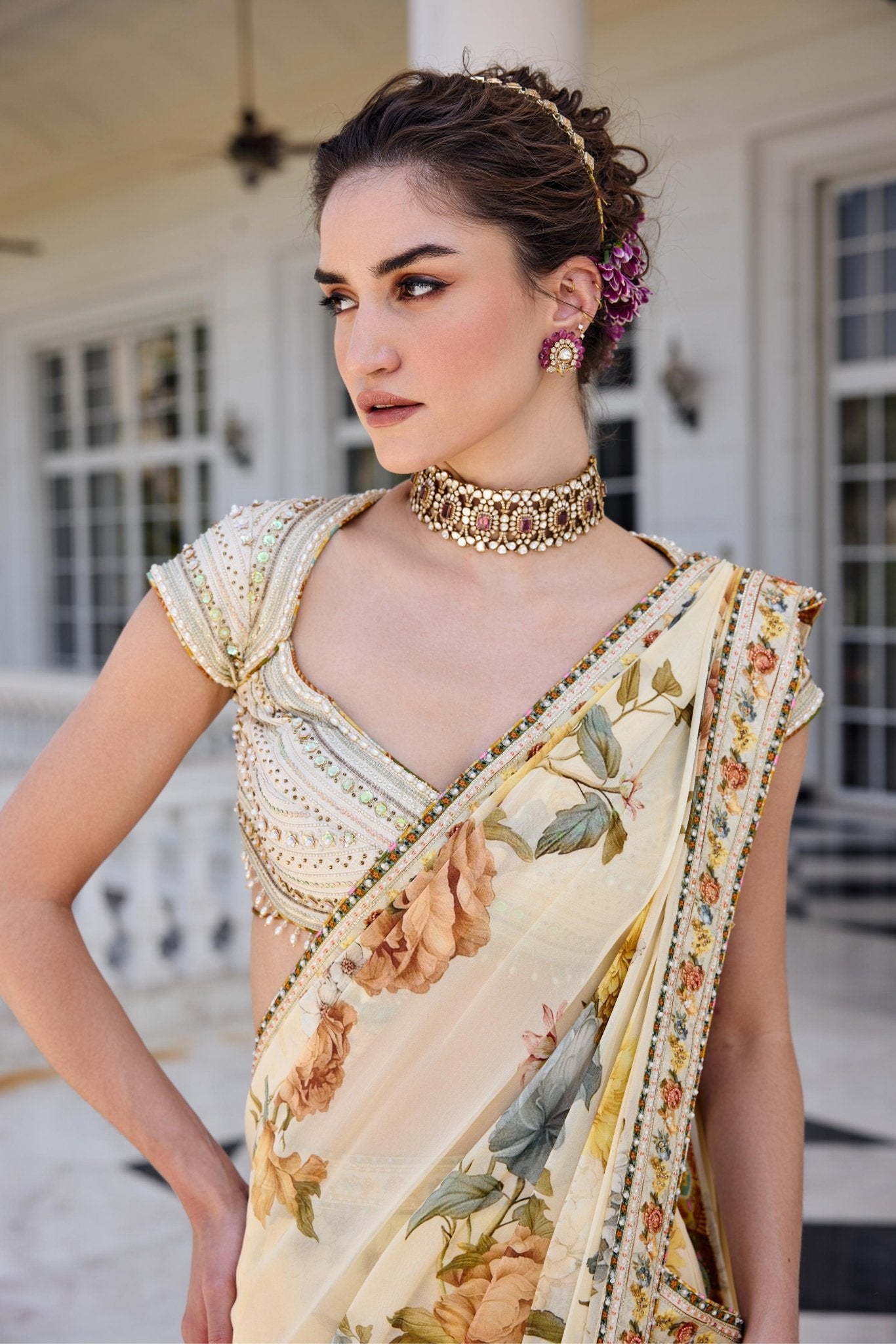 FRIDA DRAPED SAREE SET - White Maison de Couture