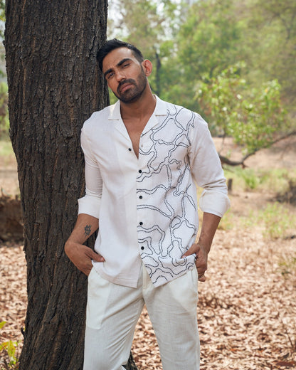 HALF & HALF LINEN SHIRT - White Maison de Couture