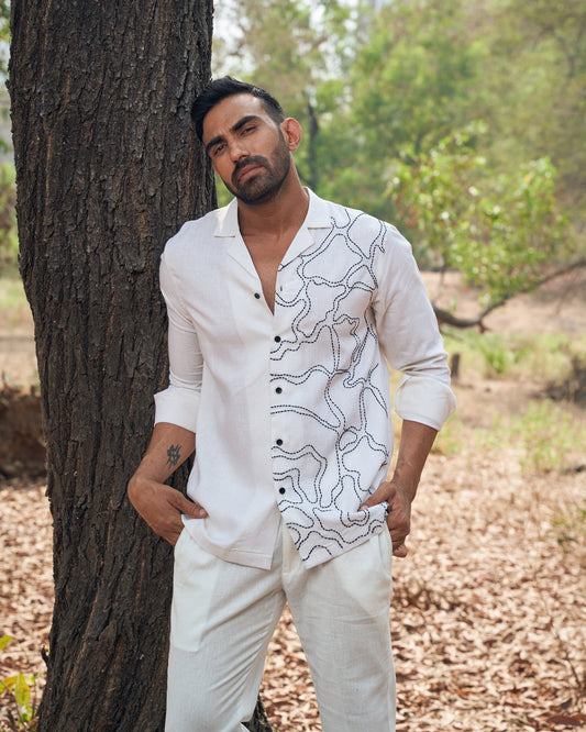 HALF & HALF LINEN SHIRT - White Maison de Couture