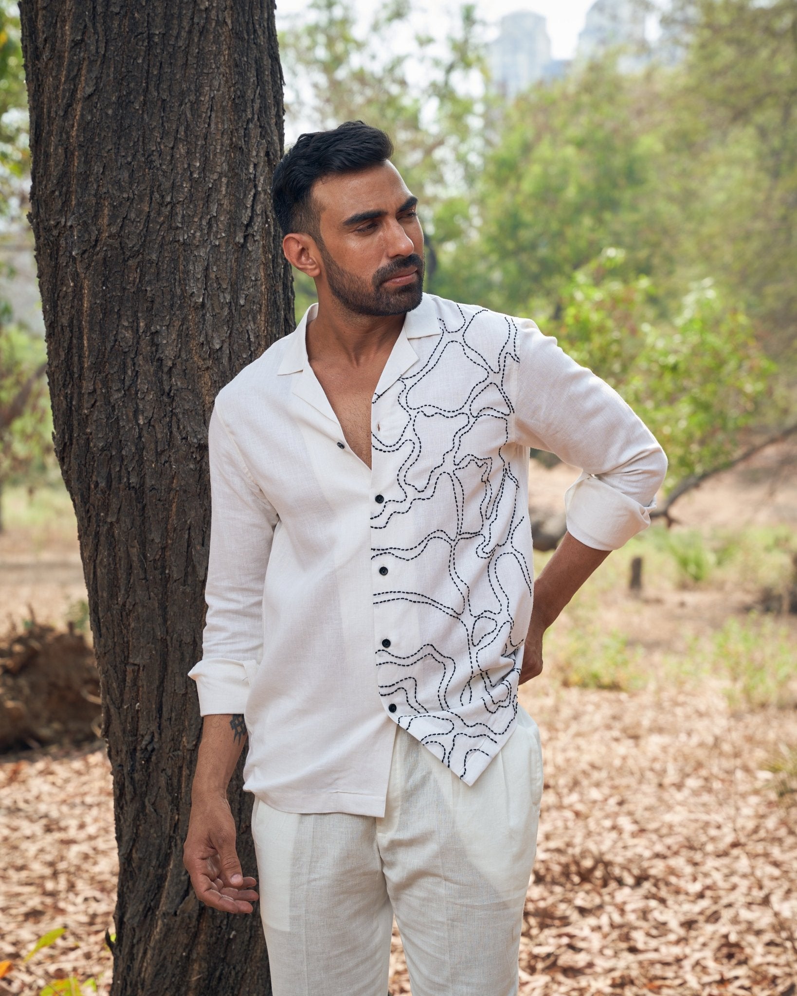 HALF & HALF LINEN SHIRT - White Maison de Couture