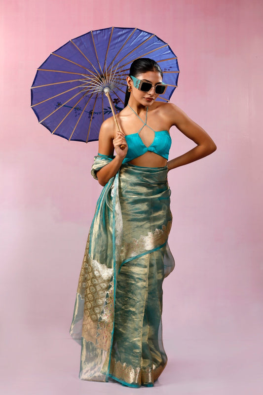 HANDWOVEN BLUE TISSUE MEENAKARI SAREE - White Maison de Couture