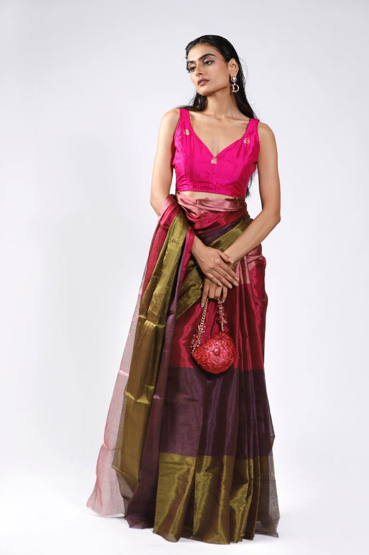 HANDWOVEN CHANDERI TISSUE PURPLE GREEN PINK SAREE - White Maison de Couture