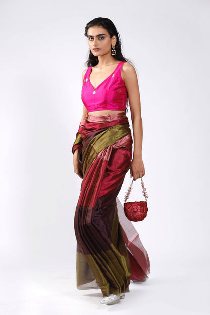 HANDWOVEN CHANDERI TISSUE PURPLE GREEN PINK SAREE - White Maison de Couture