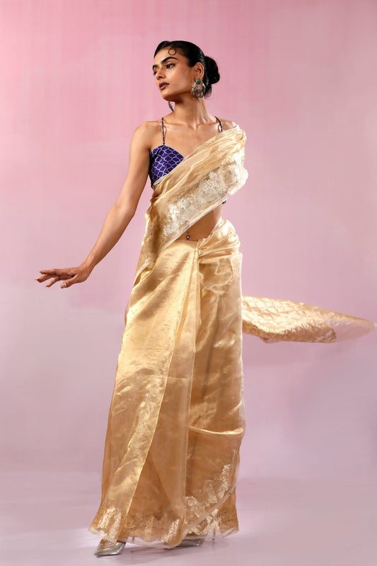 HANDWOVEN GOLDEN TISSUE MEENAKARI SAREE - White Maison de Couture