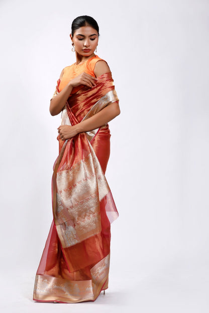 HANDWOVEN PEACH PINK CASA BLANCA SAREE - White Maison de Couture