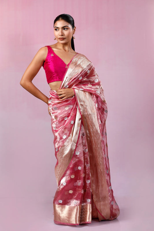 HANDWOVEN PINK TISSUE CHAND BUTA SAREE - White Maison de Couture