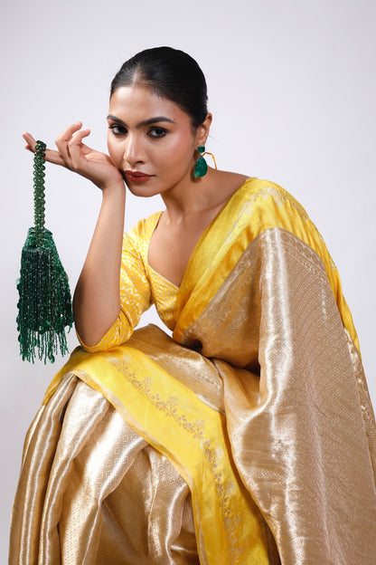 HANDWOVEN TISSUE BROCADE SAREE WITH SATIN BORDERS - White Maison de Couture