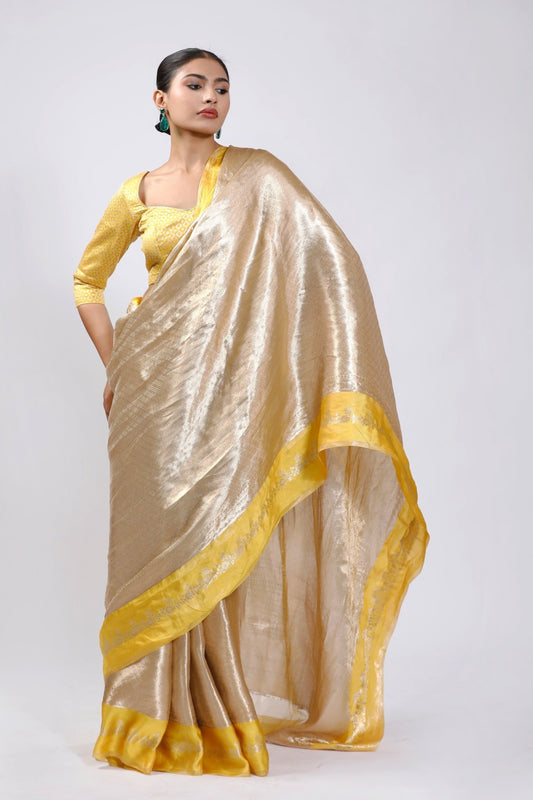 HANDWOVEN TISSUE BROCADE SAREE WITH SATIN BORDERS - White Maison de Couture