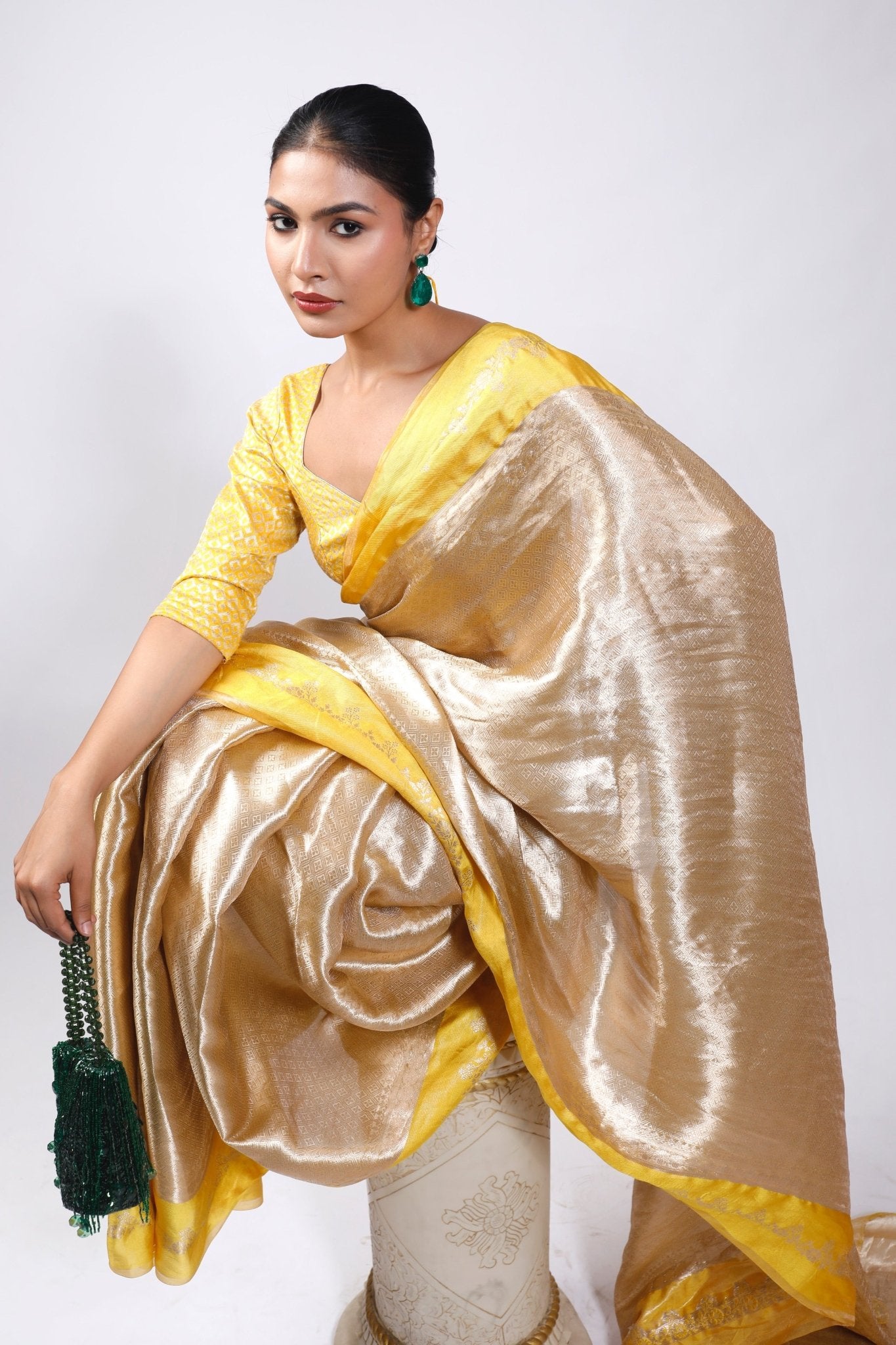 HANDWOVEN TISSUE BROCADE SAREE WITH SATIN BORDERS - White Maison de Couture