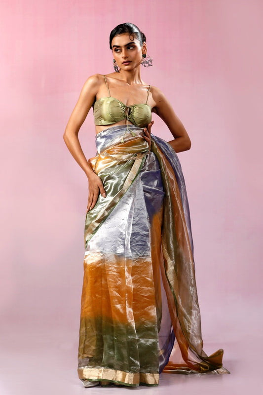 HANDWOVEN TRI COLOUR TISSUE NARROW BORDER SAREE - White Maison de Couture