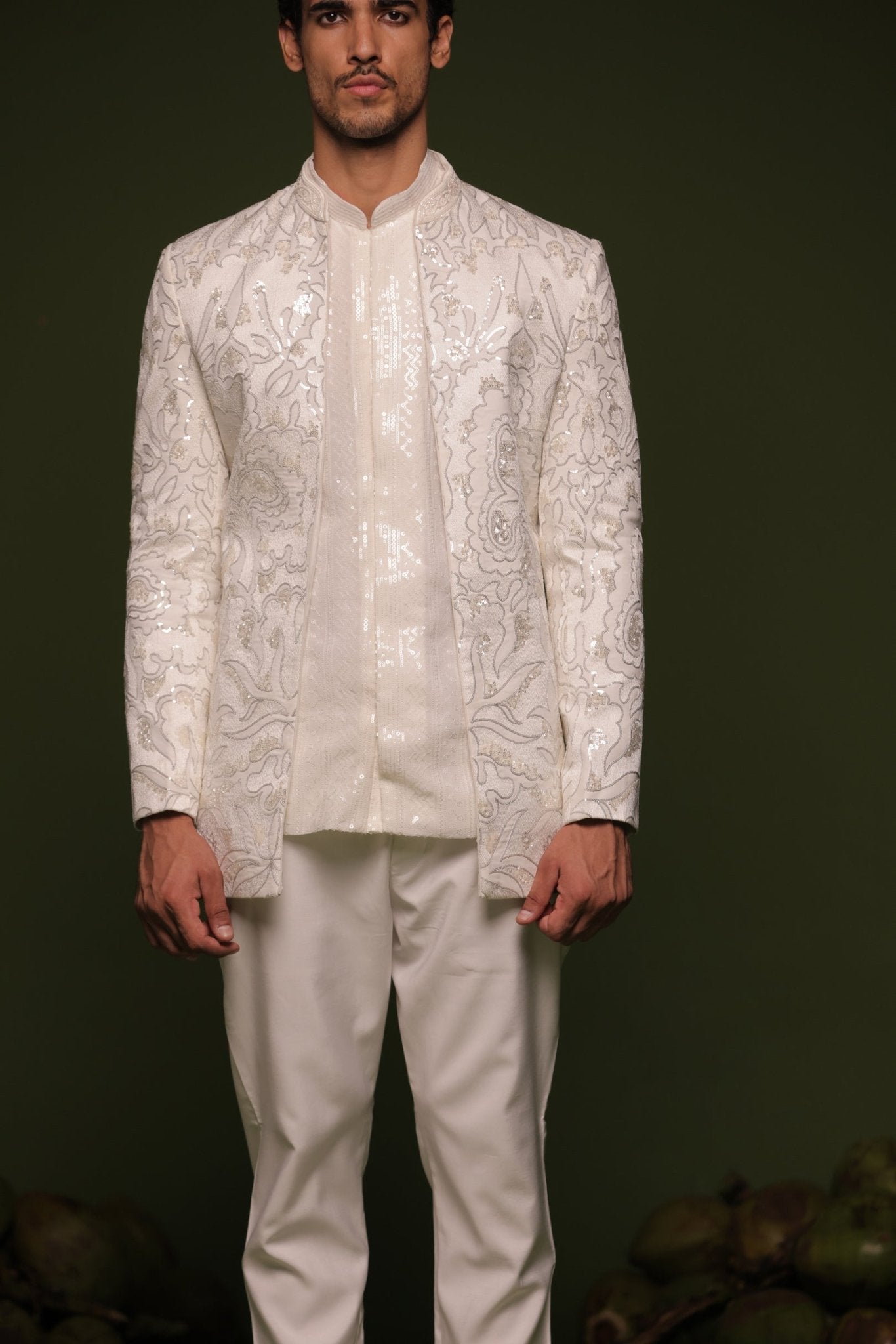INDRA WHITE JODHPURI SET WITH SHORT SHIRT PANT - White Maison de Couture