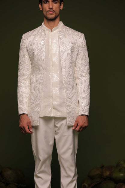 INDRA WHITE JODHPURI SET WITH SHORT SHIRT PANT - White Maison de Couture