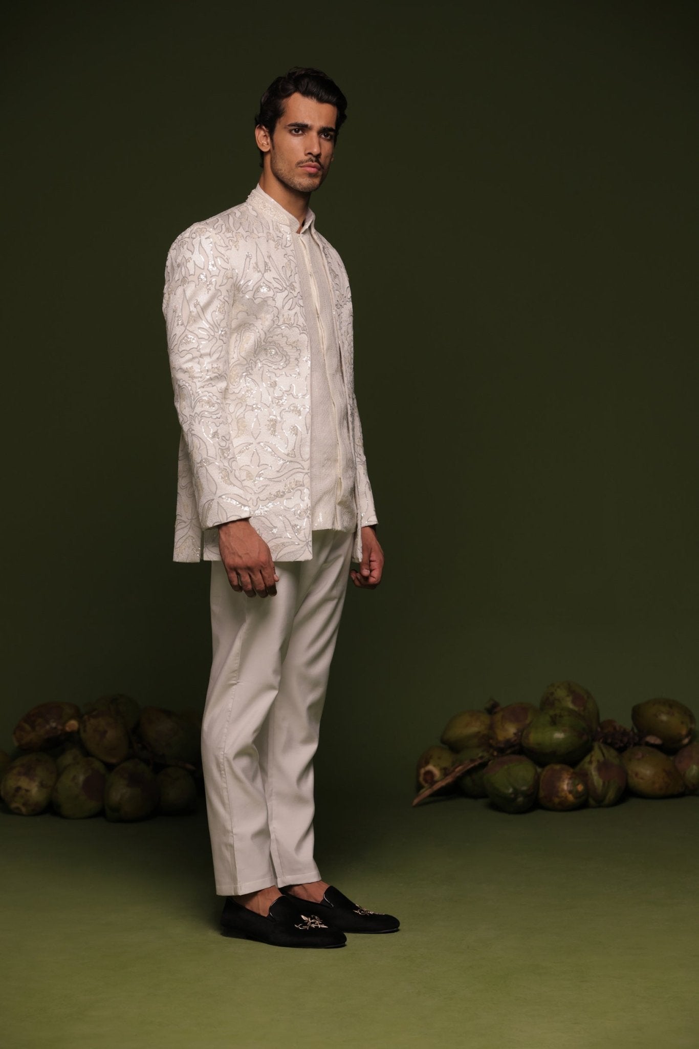 INDRA WHITE JODHPURI SET WITH SHORT SHIRT PANT - White Maison de Couture