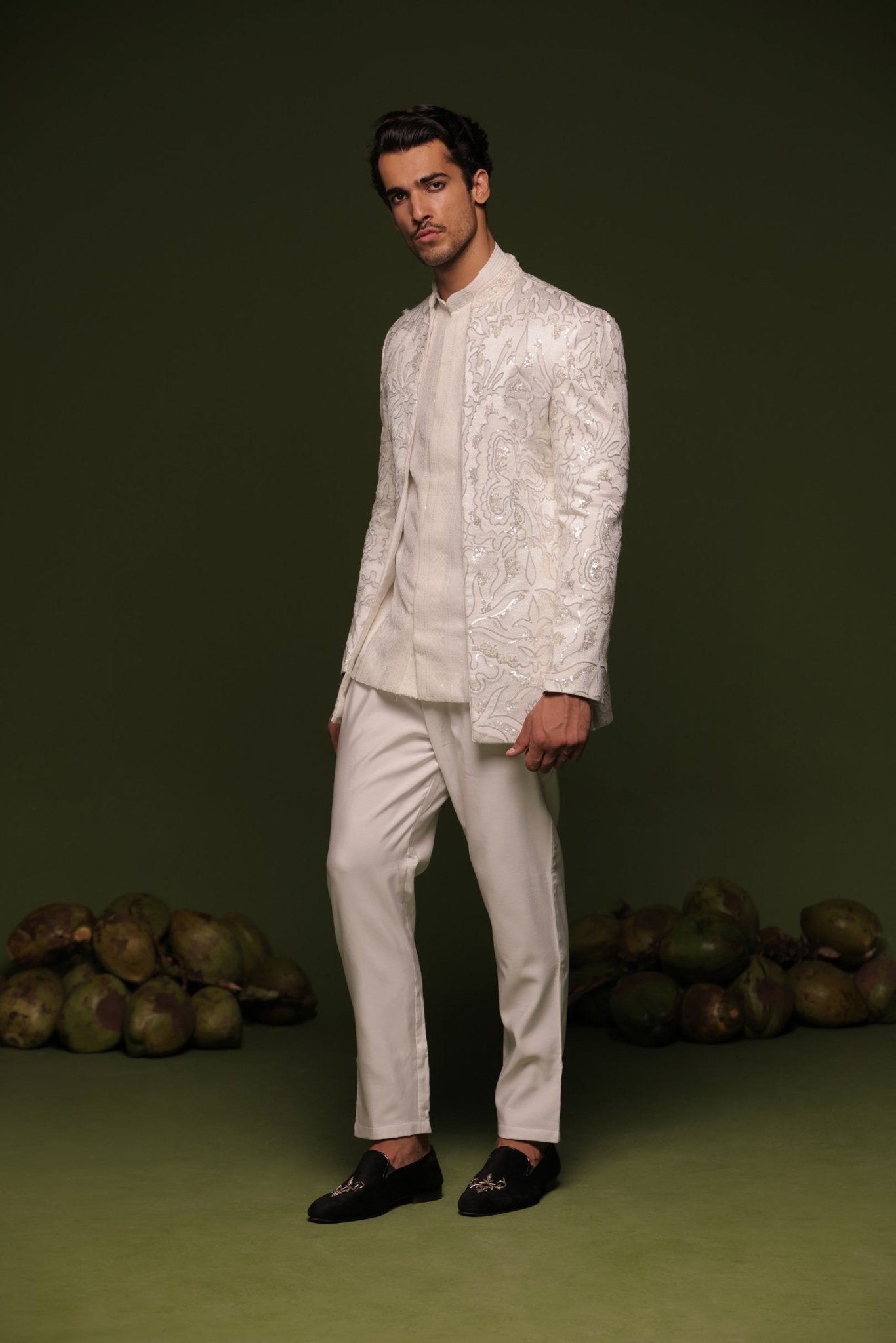INDRA WHITE JODHPURI SET WITH SHORT SHIRT PANT - White Maison de Couture