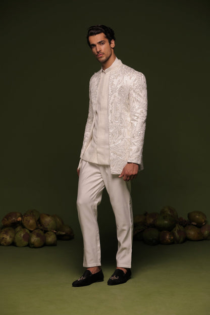 INDRA WHITE JODHPURI SET WITH SHORT SHIRT PANT - White Maison de Couture