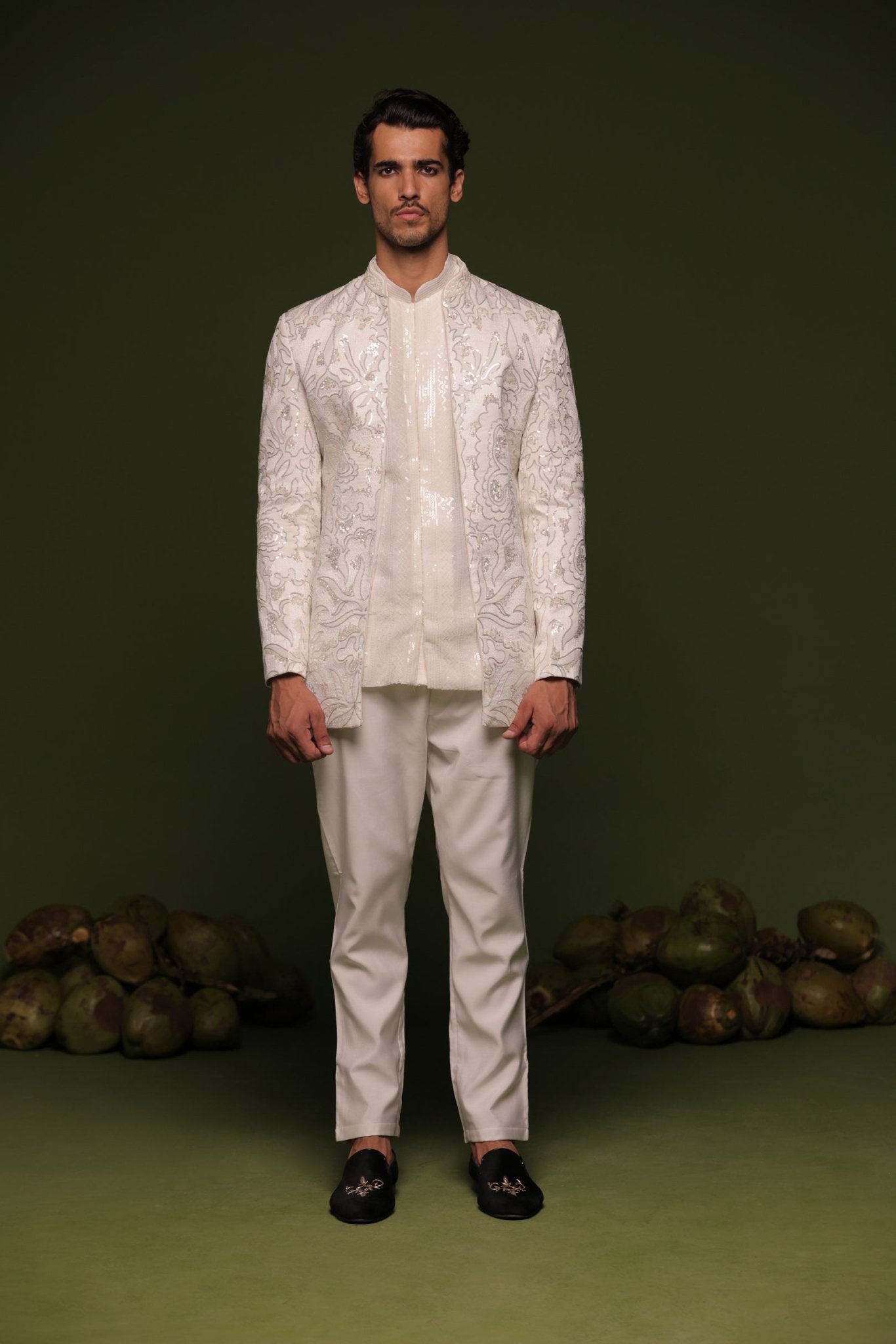 INDRA WHITE JODHPURI SET WITH SHORT SHIRT PANT - White Maison de Couture
