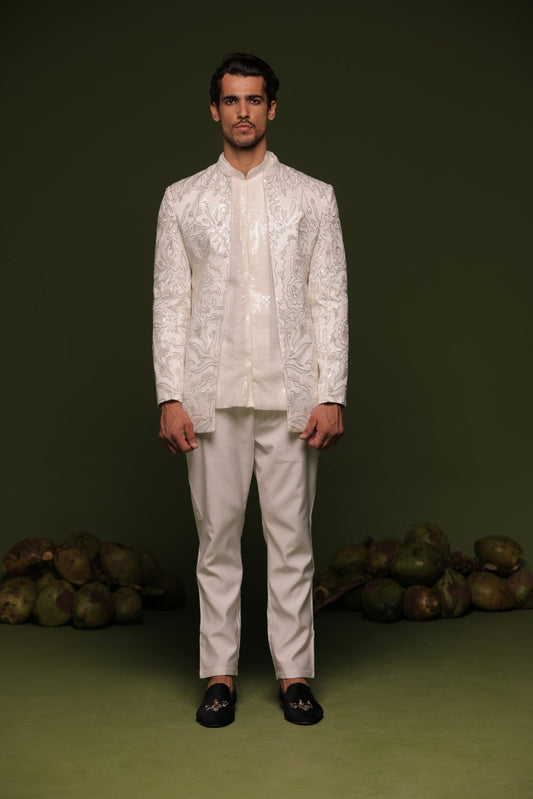 INDRA WHITE JODHPURI SET WITH SHORT SHIRT PANT - White Maison de Couture