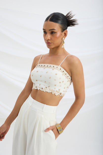 IVORY EMBROIDERED CROP TOP AND BOTTOM - White Maison de Couture