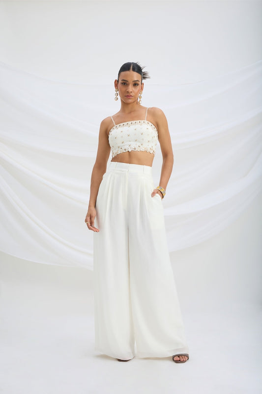 IVORY EMBROIDERED CROP TOP AND BOTTOM - White Maison de Couture