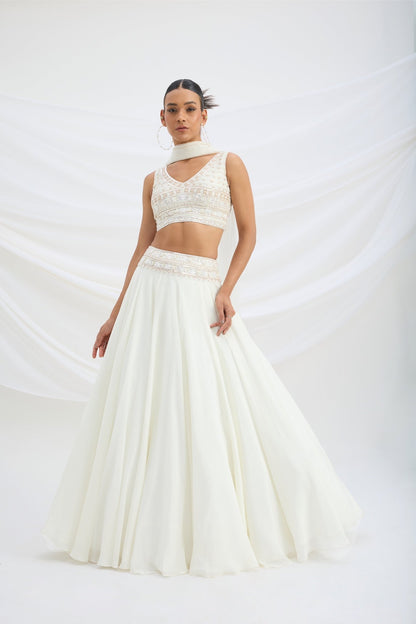 IVORY LEHENGA WITH EMBROIDERED STITCHED BLOUSE AND DUPATTA - White Maison de Couture
