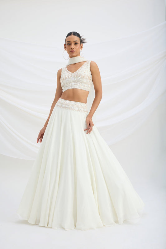 IVORY LEHENGA WITH EMBROIDERED STITCHED BLOUSE AND DUPATTA - White Maison de Couture