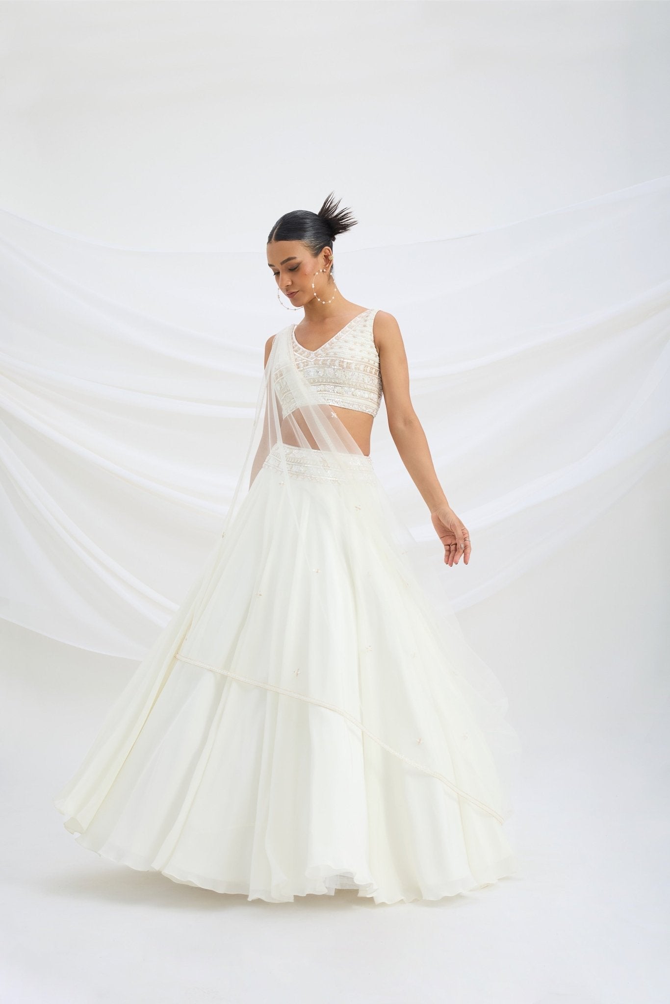 IVORY LEHENGA WITH EMBROIDERED STITCHED BLOUSE AND DUPATTA - White Maison de Couture