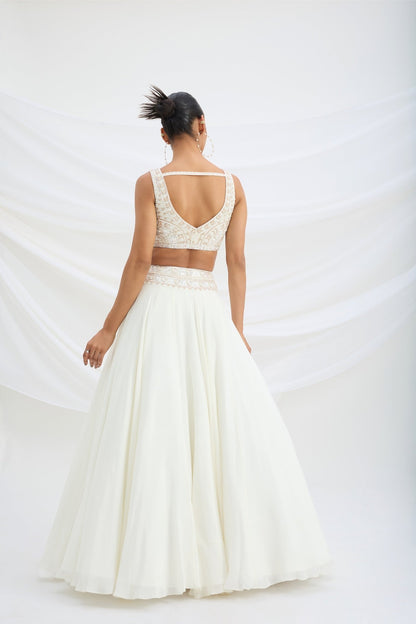IVORY LEHENGA WITH EMBROIDERED STITCHED BLOUSE AND DUPATTA - White Maison de Couture