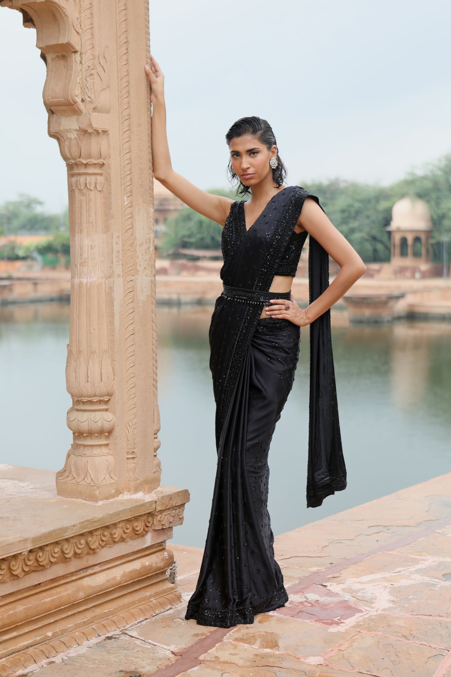 BLACK SATIN SAREE SET