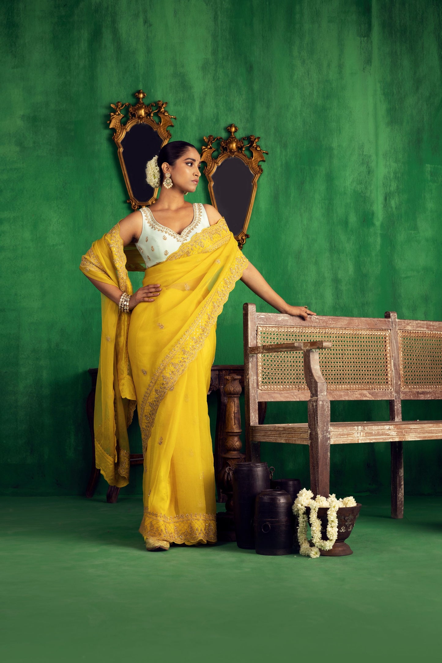 YELLOW AQUA SAREE SET