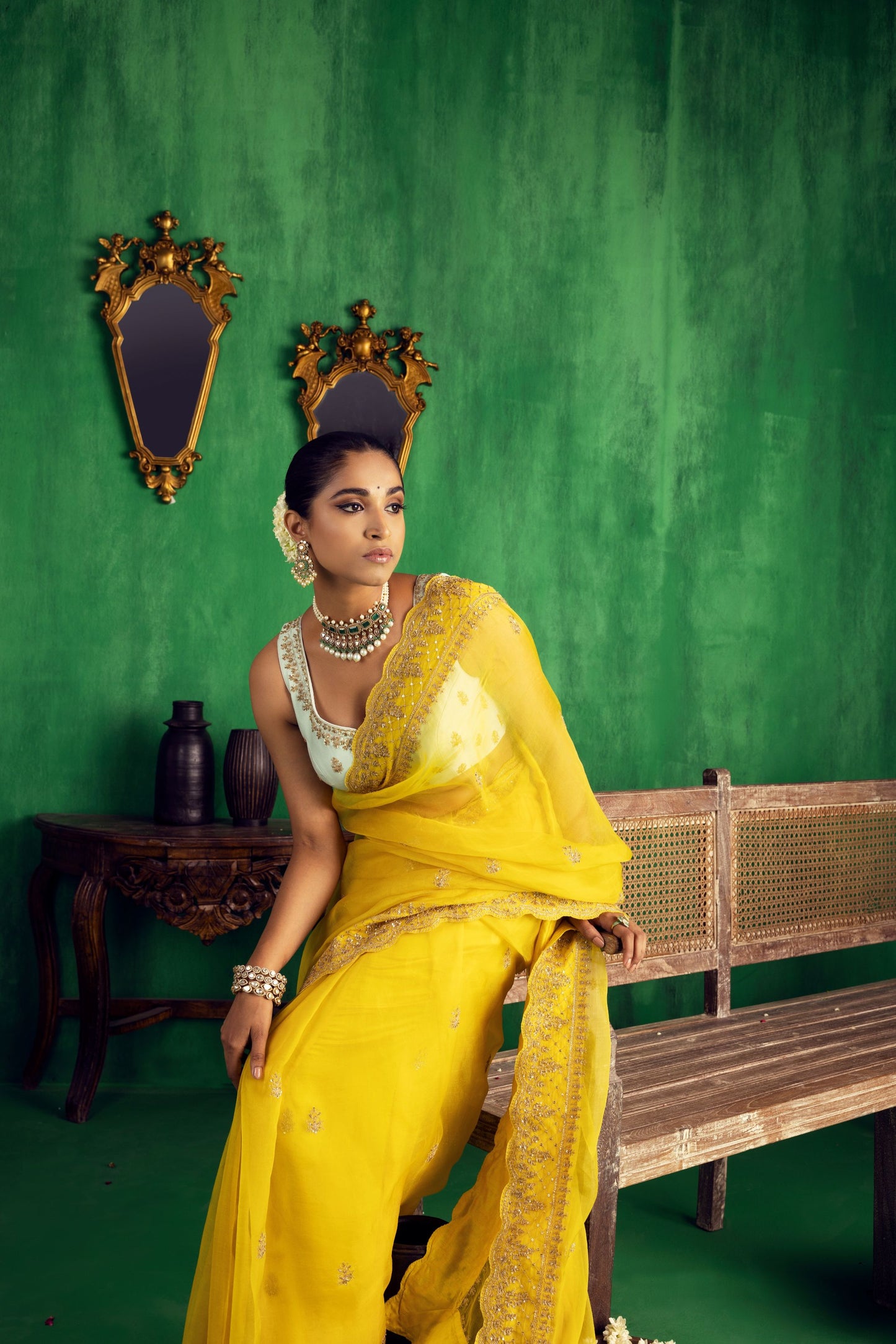 YELLOW AQUA SAREE SET