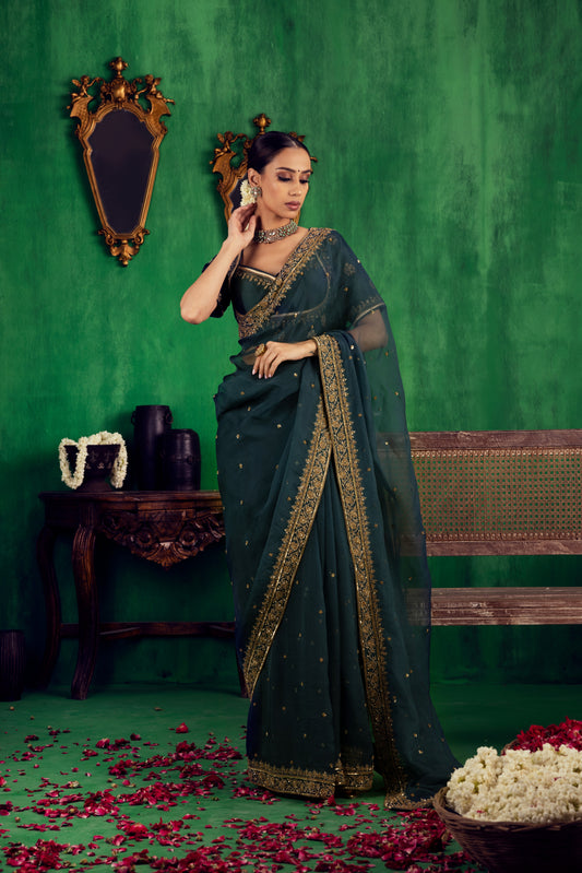 BOTTLE GREEN SAREE SET