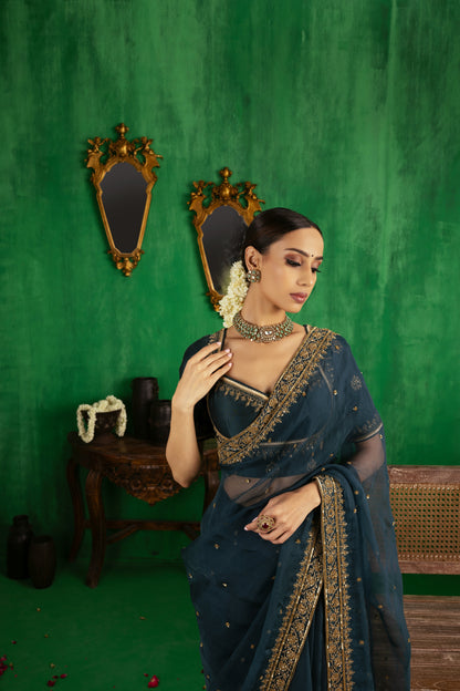 BOTTLE GREEN SAREE SET