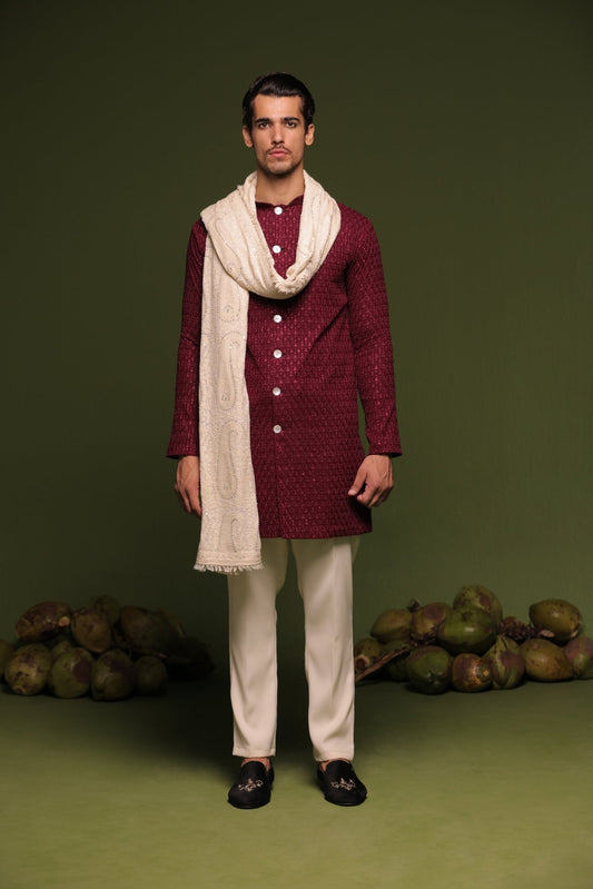 KAIDAR RED FRONT OPEN KURTA TROUSER SET WITH DUPATTA - White Maison de Couture