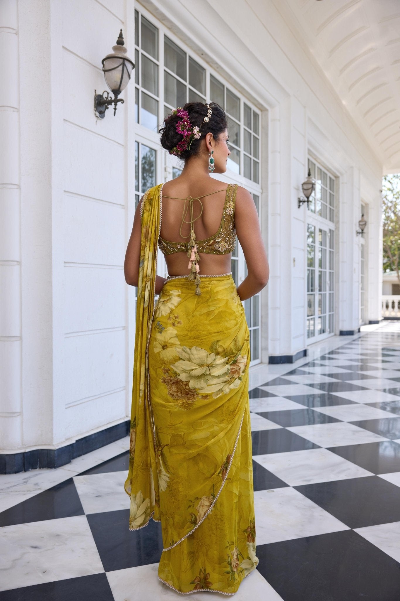 KEISHA DRAPED SAREE SET - White Maison de Couture