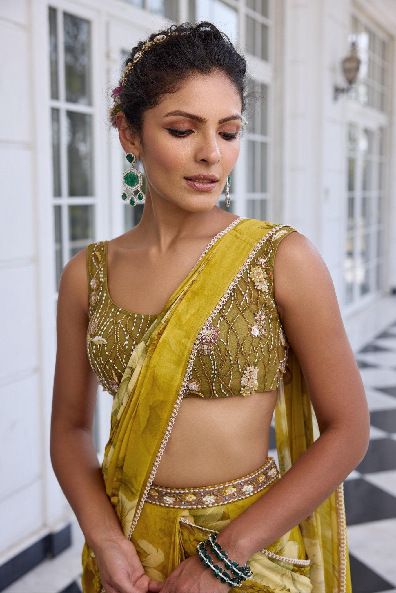 KEISHA DRAPED SAREE SET - White Maison de Couture