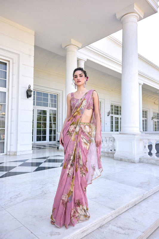 KEISHA DRAPED SAREE SET - White Maison de Couture