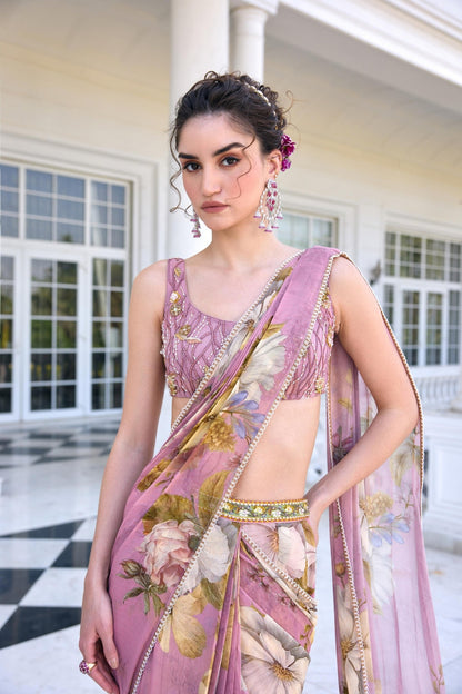 KEISHA DRAPED SAREE SET - White Maison de Couture