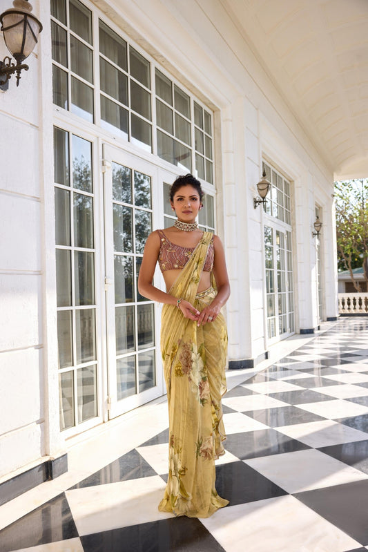 KEISHA DRAPED SAREE SET - White Maison de Couture