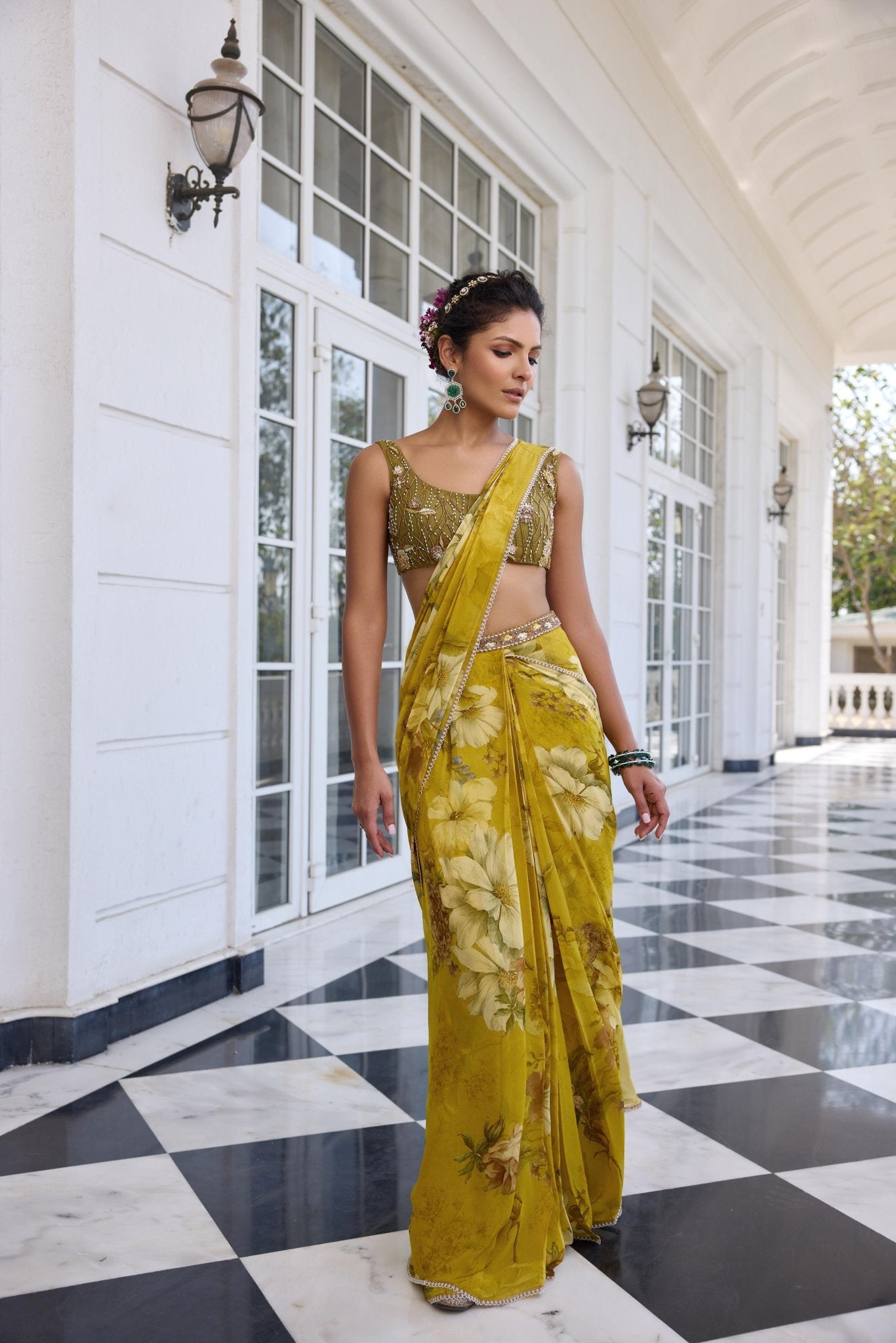 KEISHA DRAPED SAREE SET - White Maison de Couture