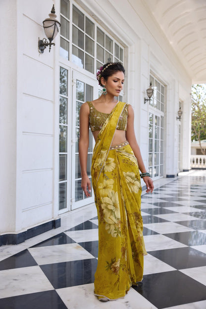 KEISHA DRAPED SAREE SET - White Maison de Couture