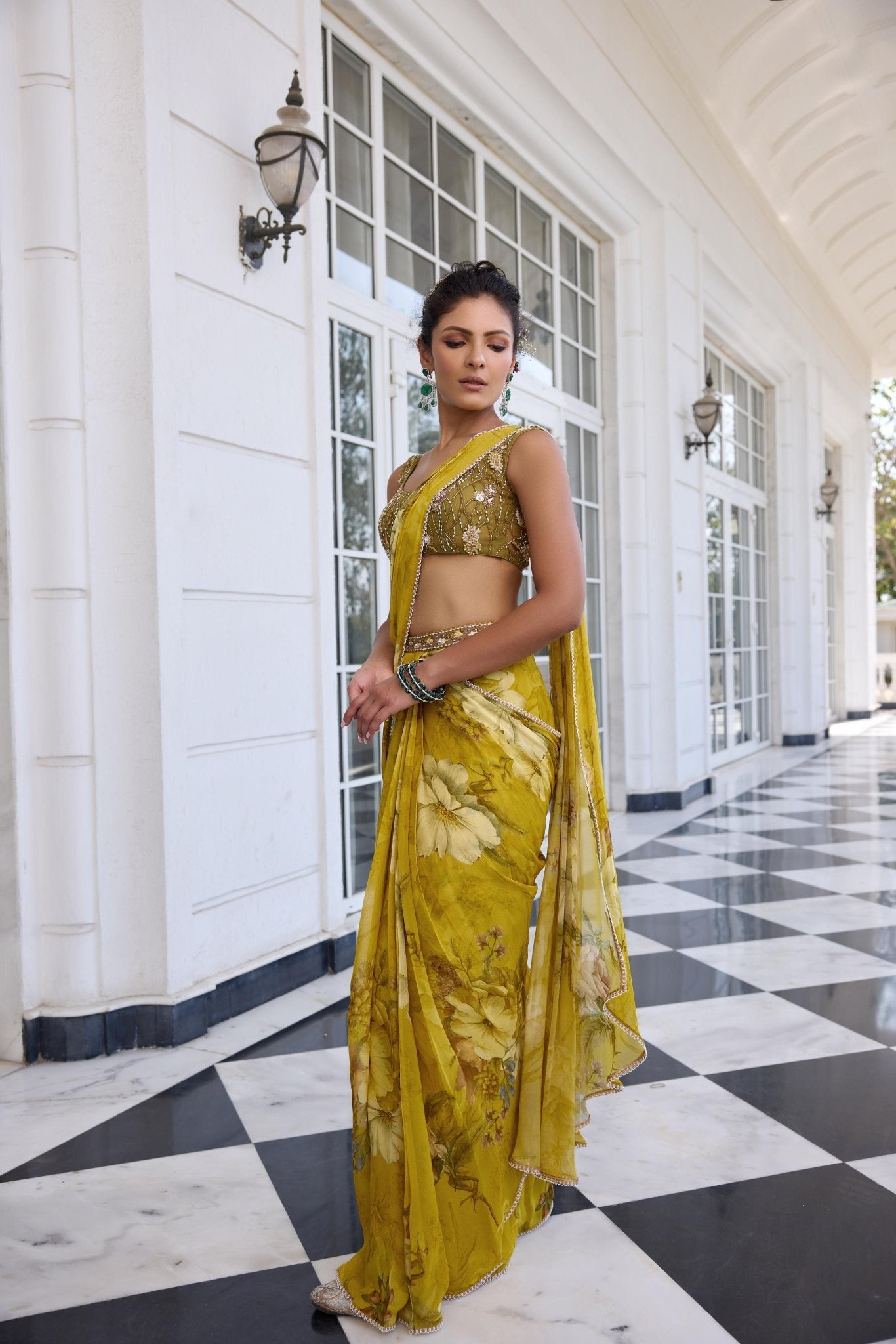 KEISHA DRAPED SAREE SET - White Maison de Couture