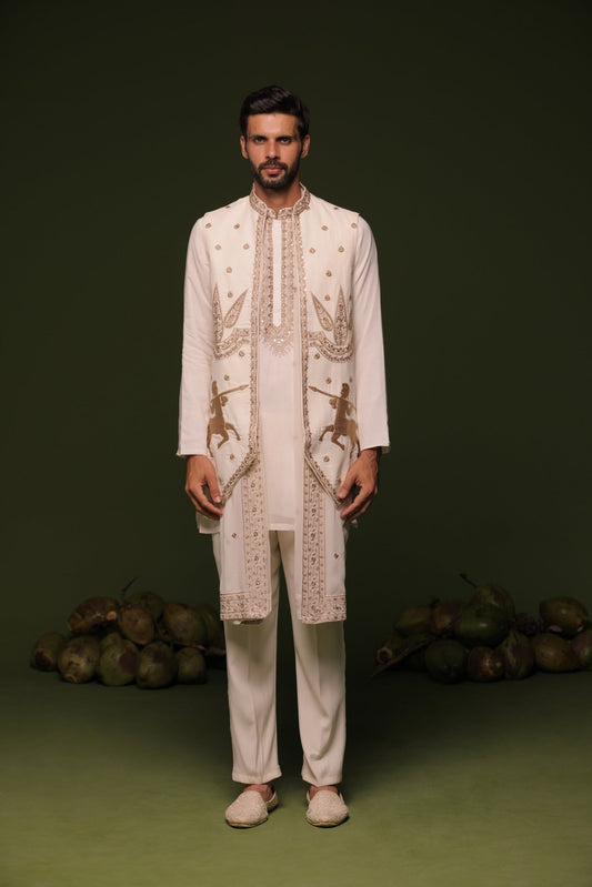 KRANTHI WHITE JACKET KURTA SET WITH TROUSER AND DUPATTA - White Maison de Couture